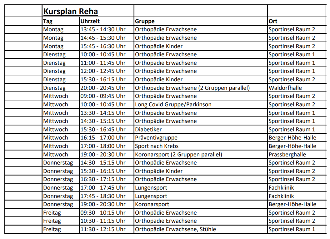 Kursplan Reha-Sport